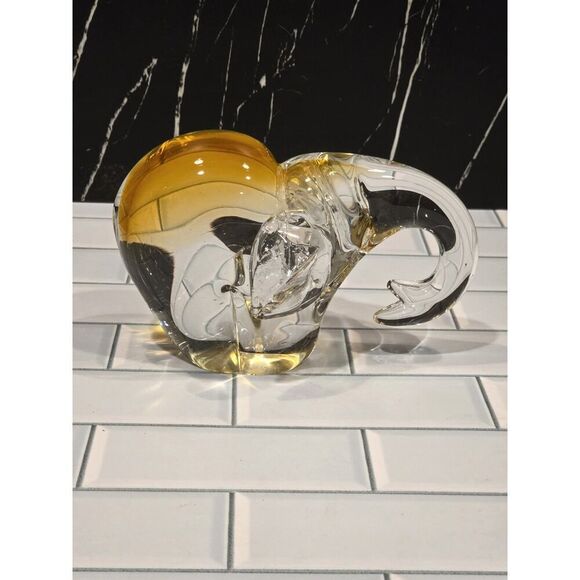 Art Glass Elephant Sculpture/Paperweight Heavy Murano Style Clear & Amber GUC - Picture 6 of 13